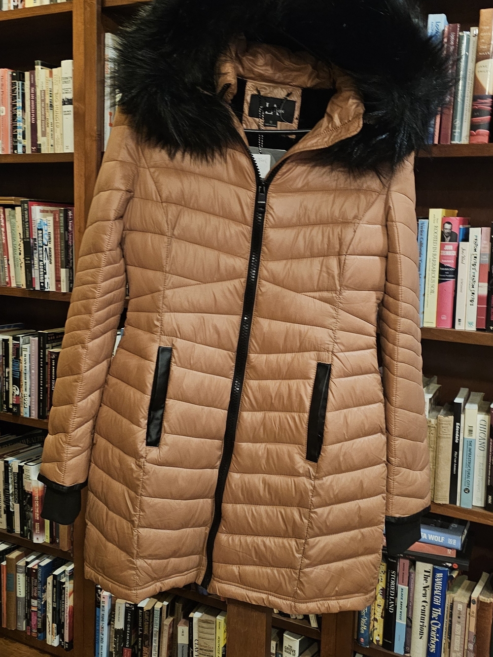 Women's Tan Quilted Long Puffer Coat with Faux Fur Hood
